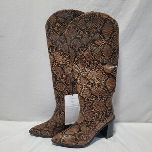 The Drop Cassandra Coffee Bean Snake Print Knee High Boots Block Heel Size 7.5